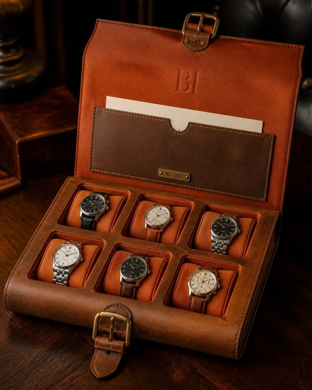 El Vaquero — Bespoke Watch Folio, leather with Beckham Intemporel monogram and brass plaque