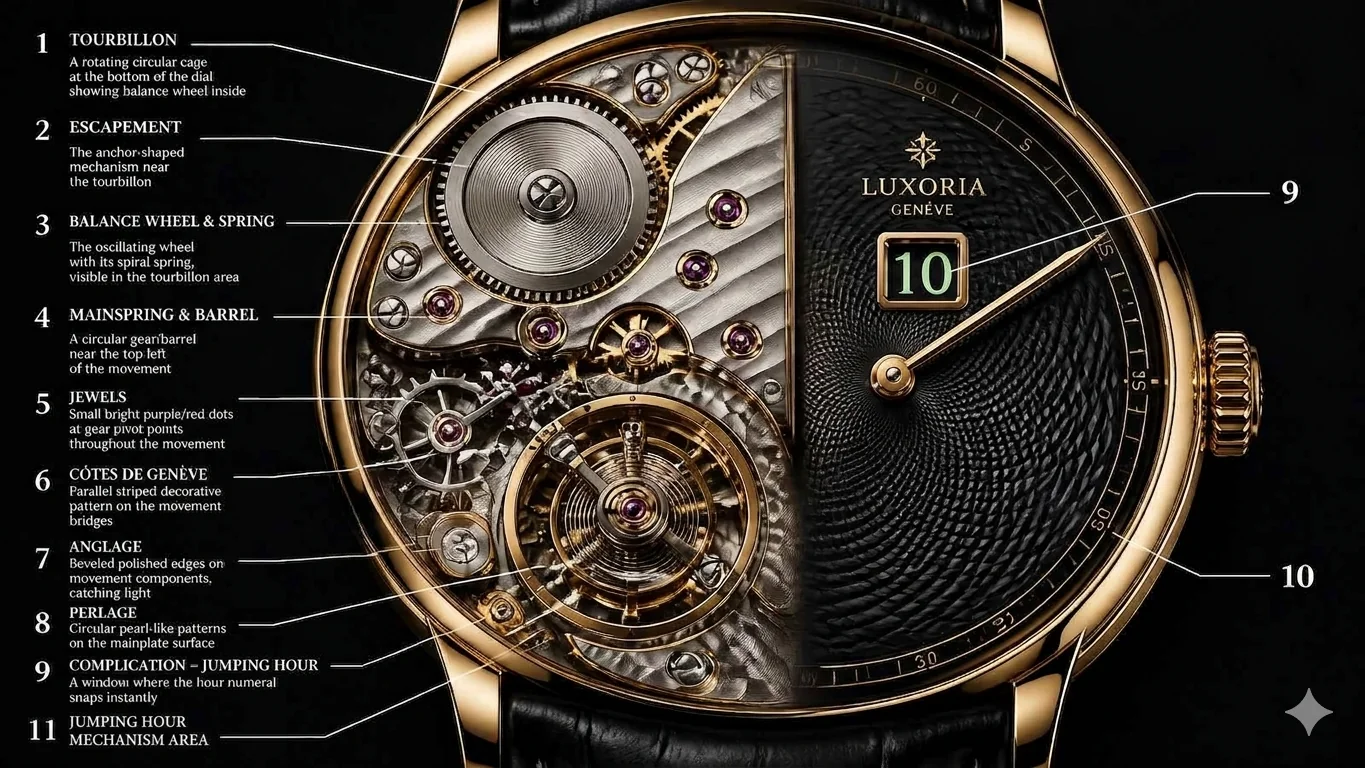 An annotated view of a finely finished tourbillon movement
